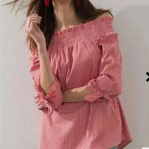 Chico’s Poplin Off-Shoulder Sheered,3/4 Sleeve Ties, Striped Orange/White-Size 1